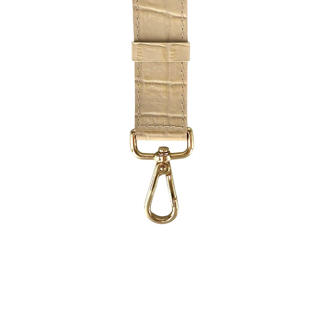 carabiner on the beige croco embossed leather bag strap