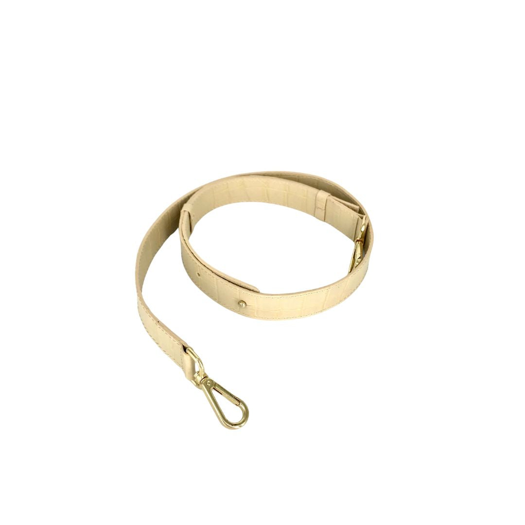 beige croco embossed bag strap with carabiners