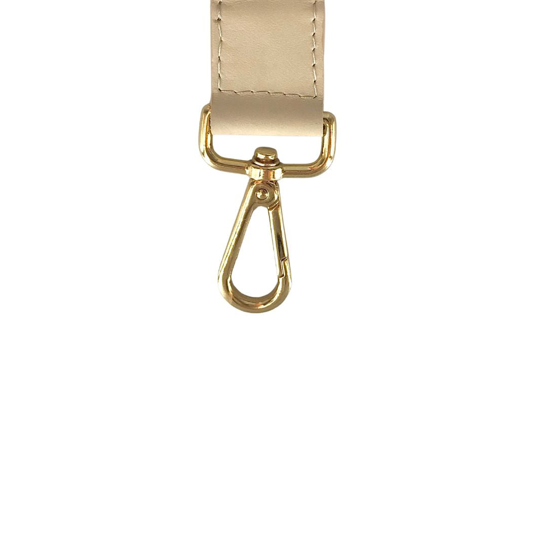 beige leather bag strap carabiner