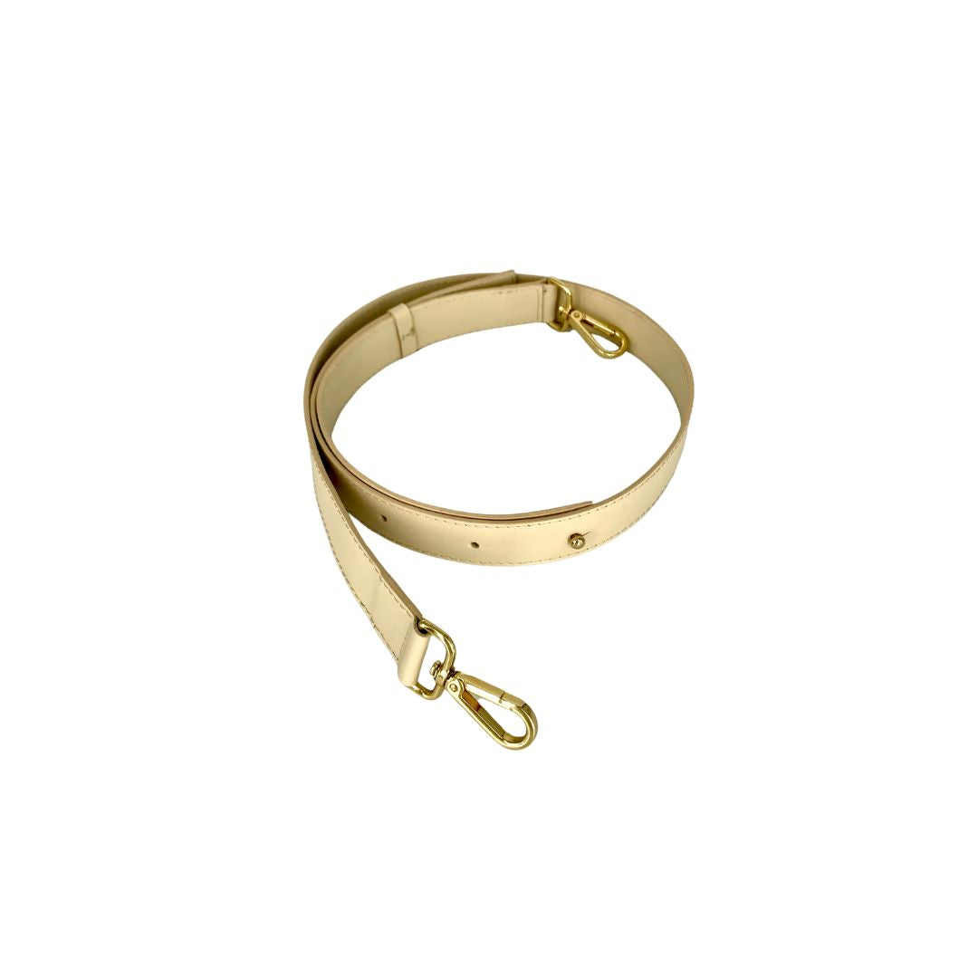 beige leather bag strap with carabiners
