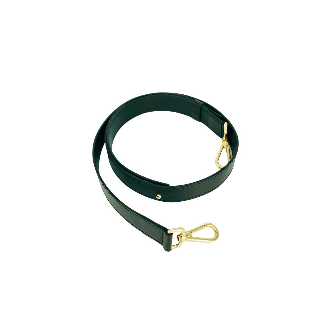black leather bag strap with gold metal accessories