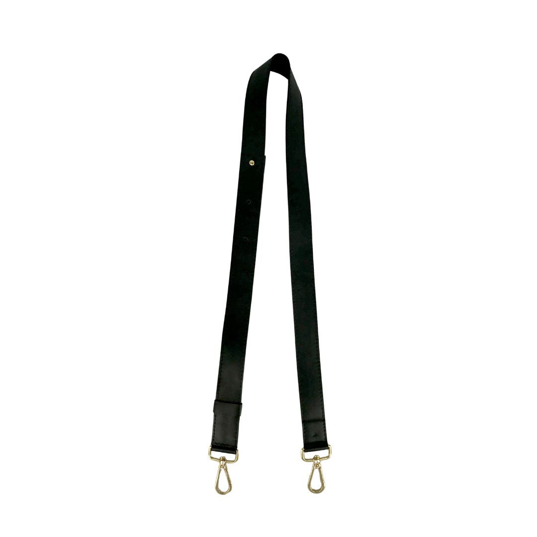 black leather bag strap with gold metal accessories