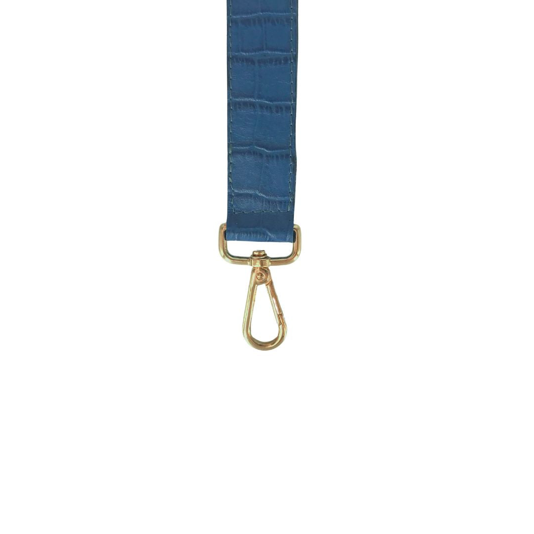 blue croco embossed leather bag with gold carabiner