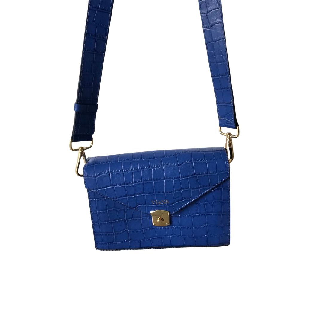 Leather bag strap - blue croco embossed