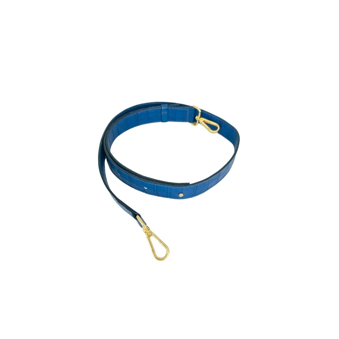 blue croco embossed leather bag with gold metal accessories