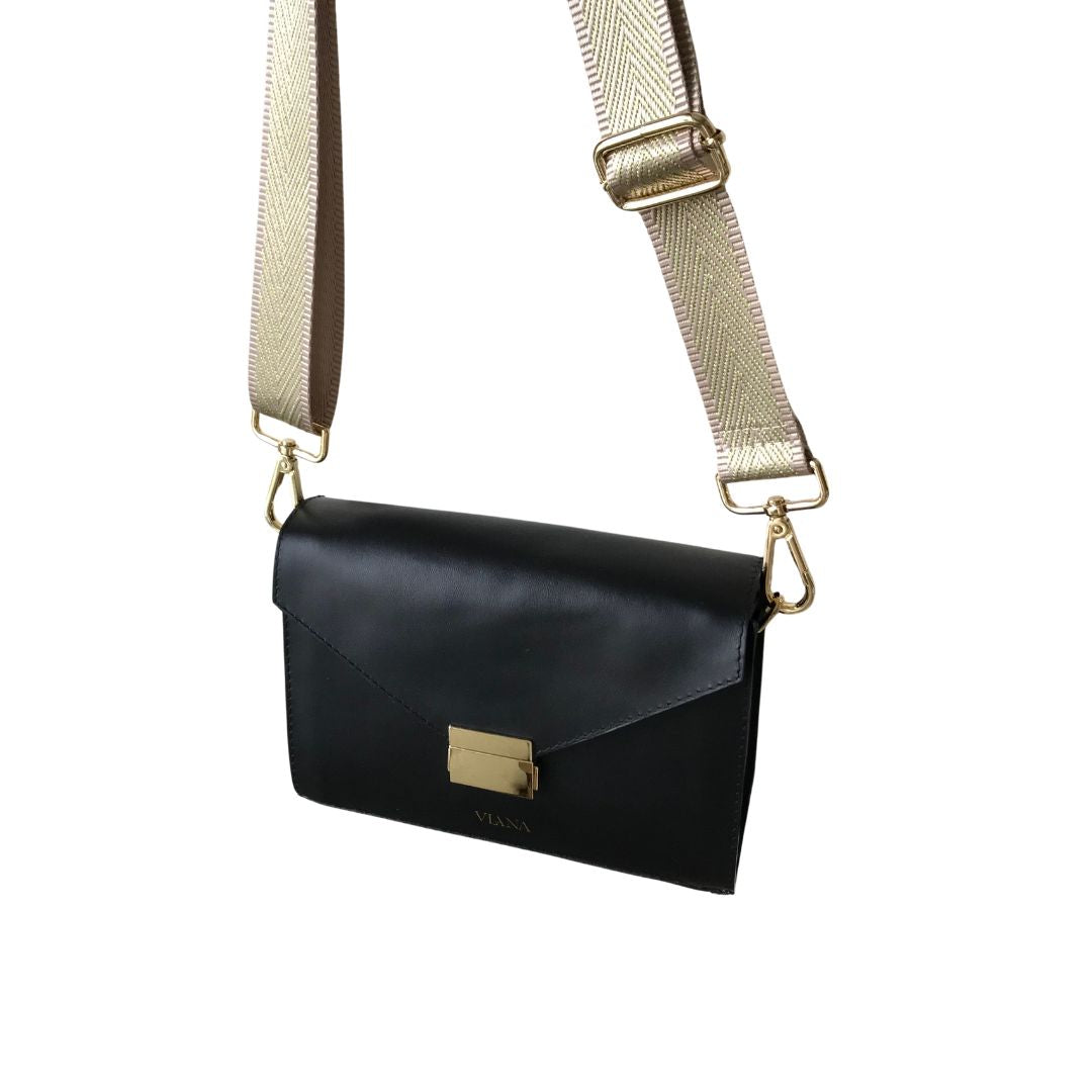 gold webbing strap with black Lena bag
