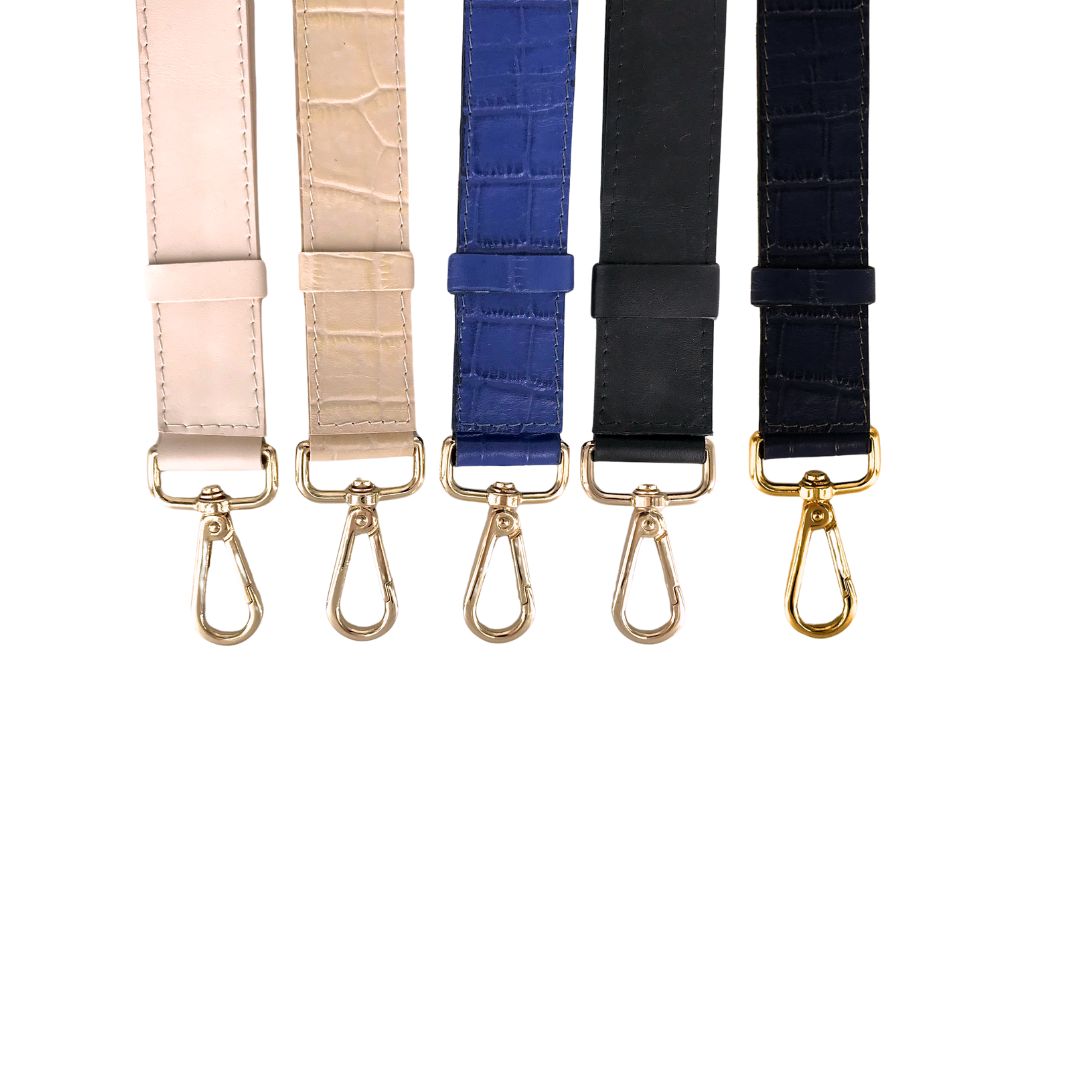 leather bag strap options: beige, beige croco embossed, blue croco embossed, black, black croco embossed