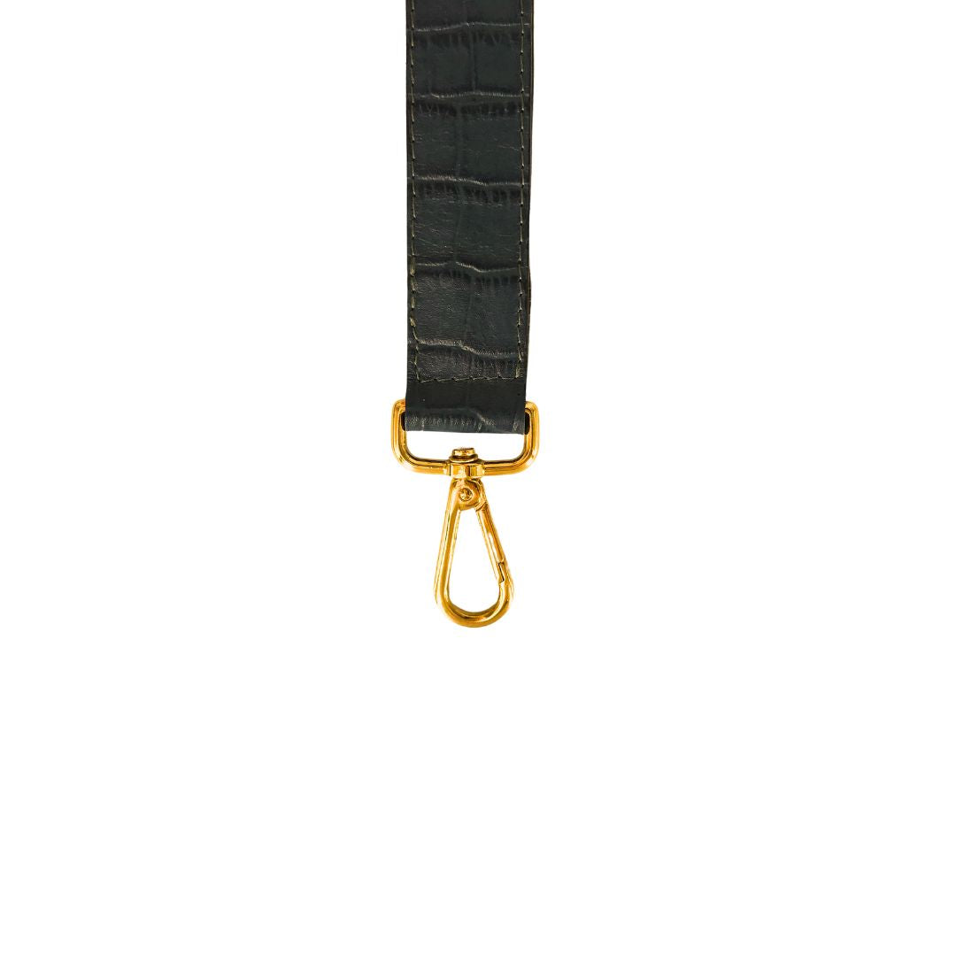 black croco embossed leather bag strap with gold metal carabiner