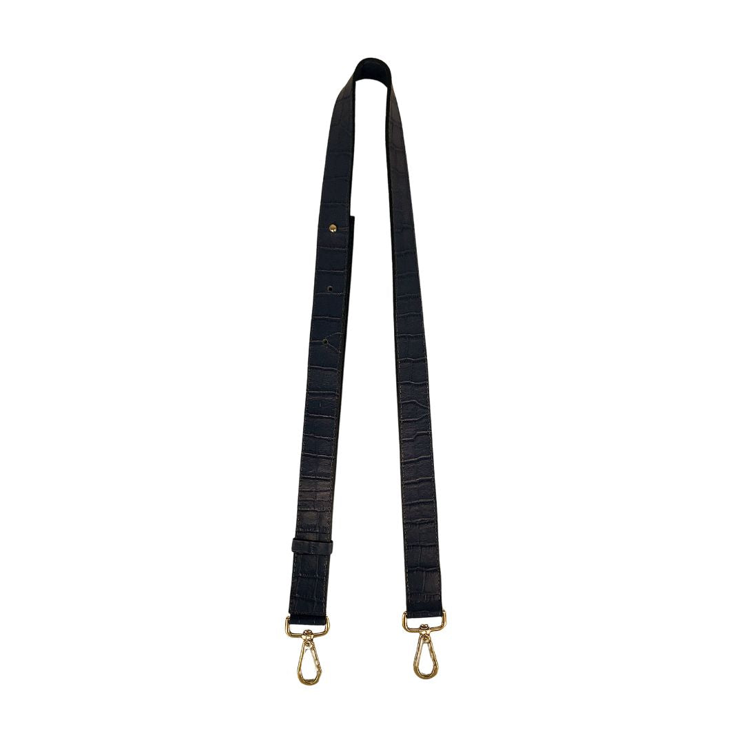 black croco embossed leather bag strap with gold metal accessories