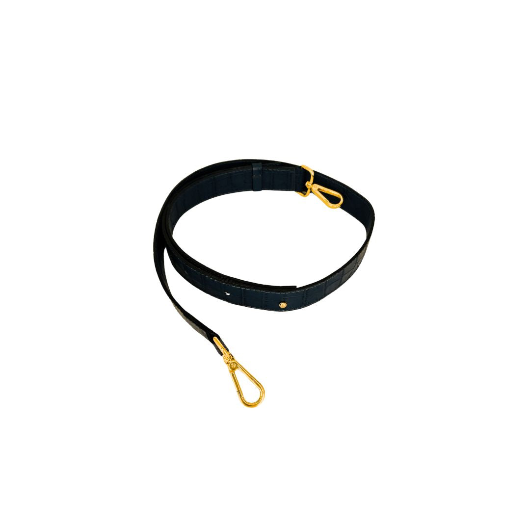 black croco embossed leather bag strap with gold metal accessories
