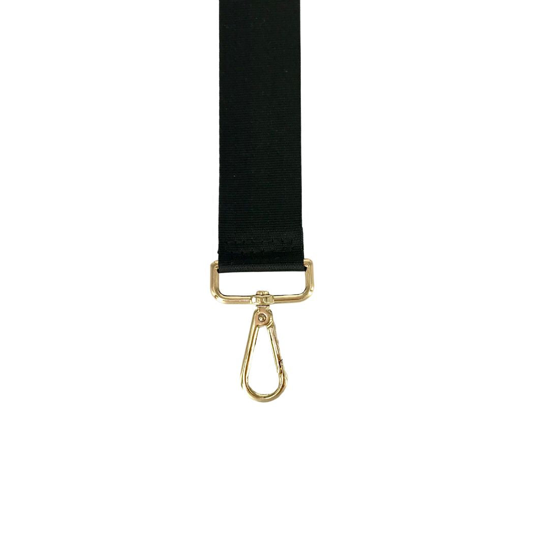 black satin webbing strap with gold carabiner