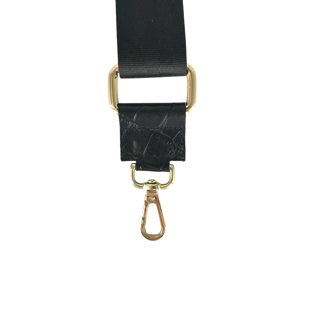 black croco embossed leather detail on black satin webbing strap