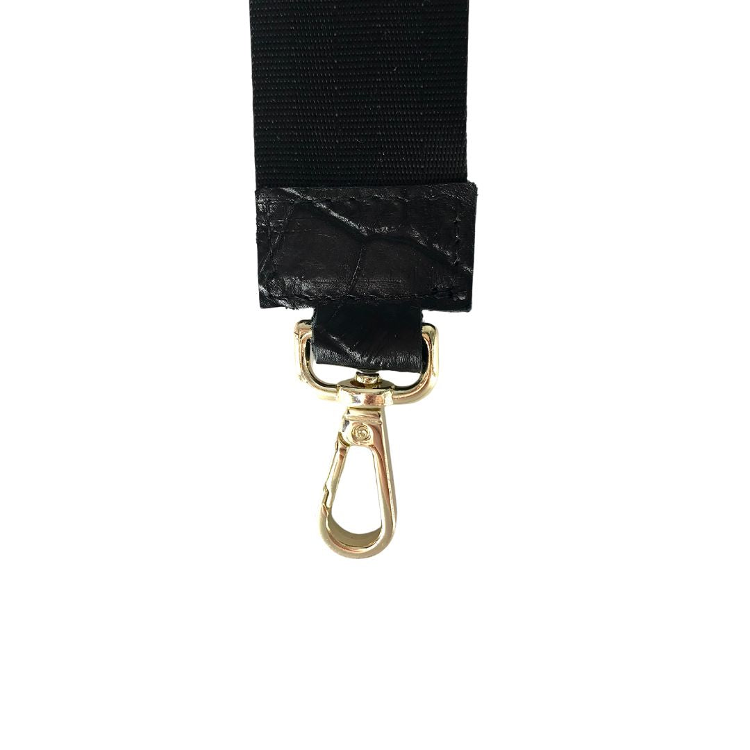black croco embossed leather detail on black satin webbing strap