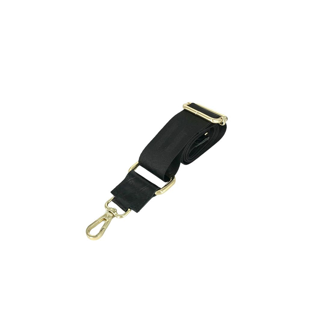 black satin webbing strap with black croco embossed leather details