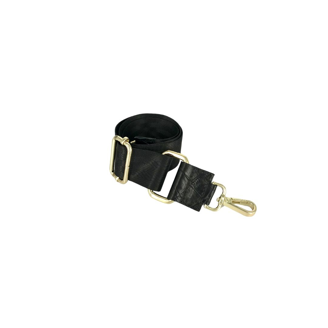 black satin webbing strap with black croco embossed leather details