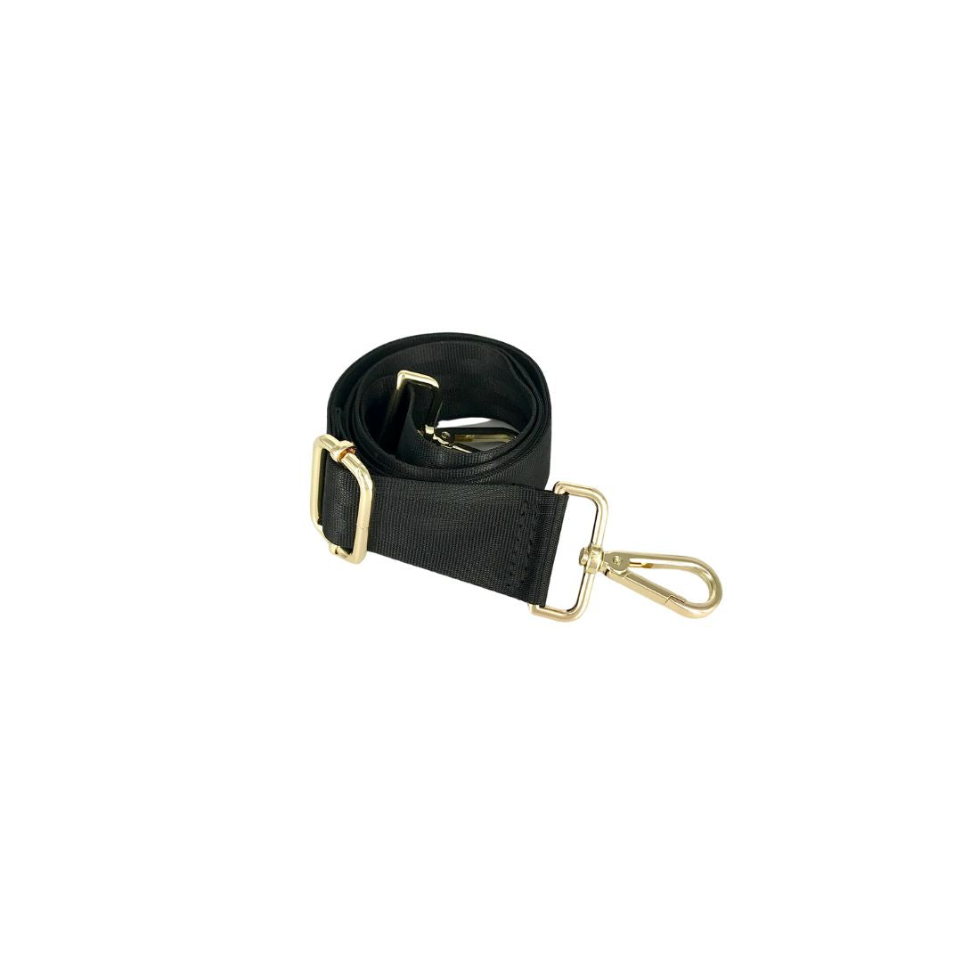 black satin webbing strap with gold metal accessories