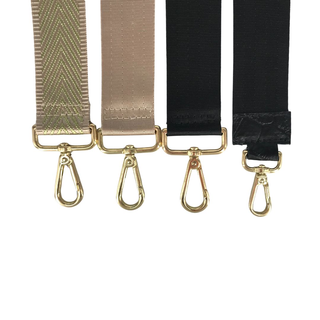 satin carabiner options: beige-gold patterned, beige, black, black with black croco embossed leather detail