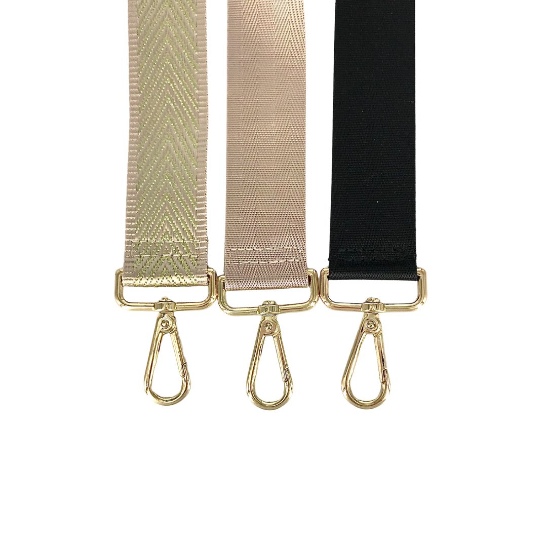 satin carabiner options: beige-gold patterned, beige, black