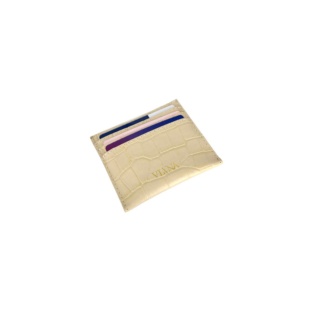 beige croco embossed leather card holder with 4 slots