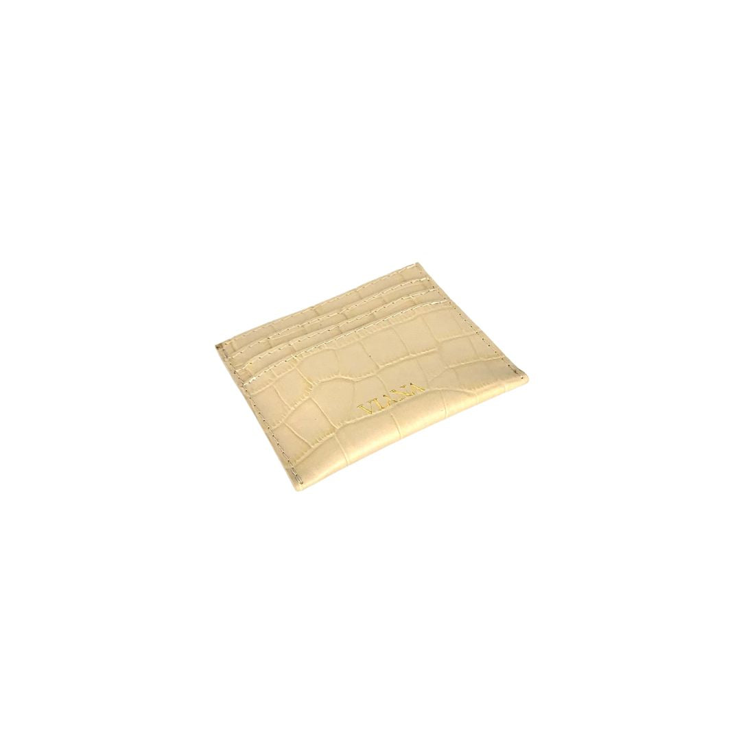 beige croco embossed leather card holder with 4 slots