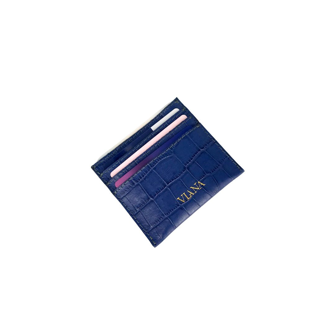 blue croco embossed leather card holder with 4 slots