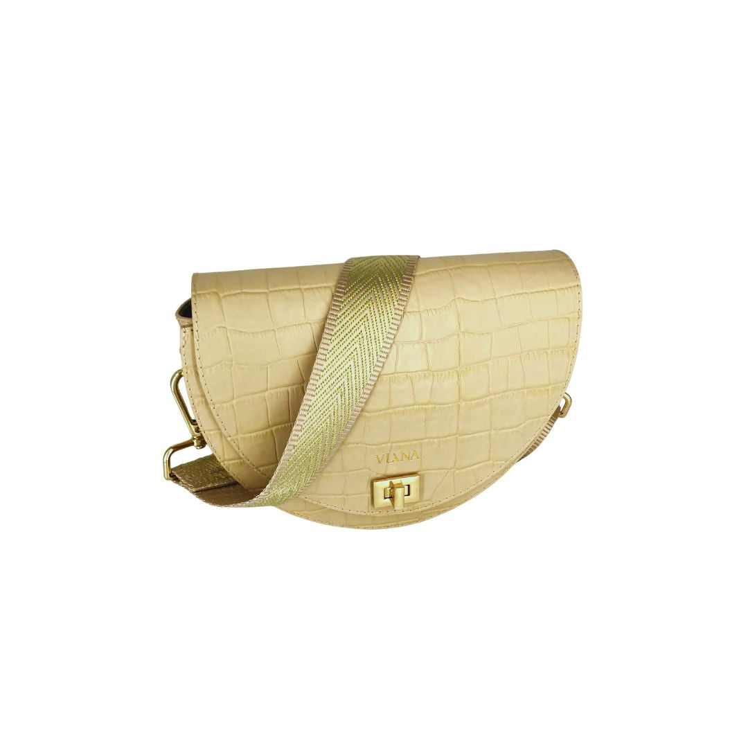 HALFMOON mini beige croco leather bag with gold satin webbing strap