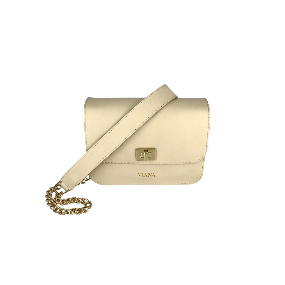 Sophie micro bag - beige with gold chain strap and leather on the shoulder