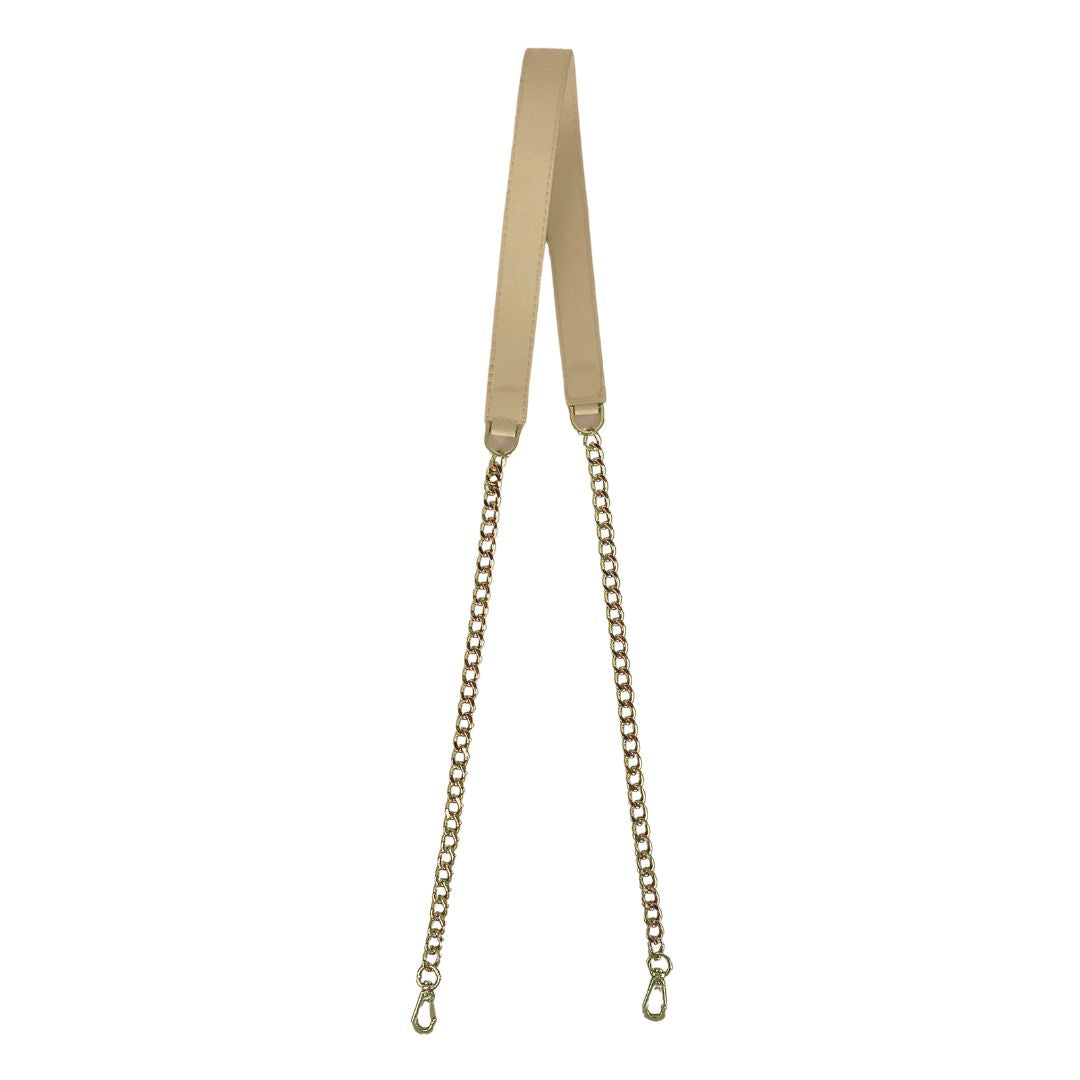 Gold chain strap with beige leather on the shoulder