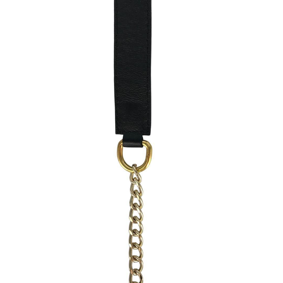 gold chain attached to leather with a D ring
